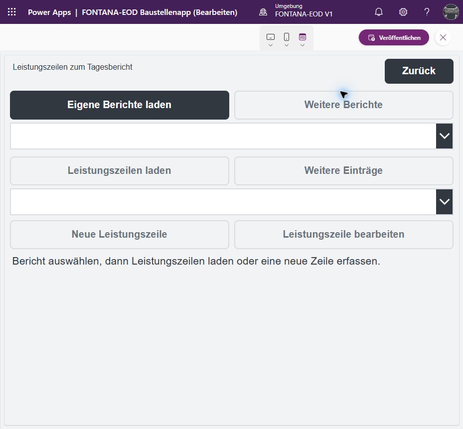 Entwicklungsansicht der FONTANA-EOD-App zur Auswahl und Bearbeitung von Leistungszeilen eines Tagesberichts
