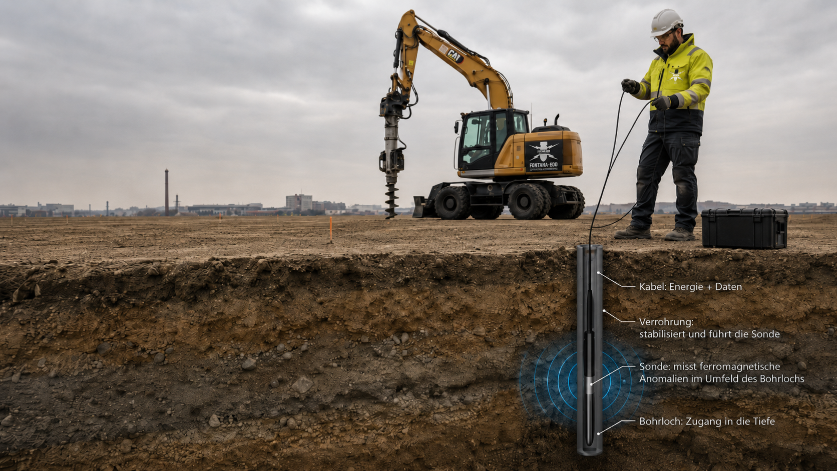 Baufeld mit Bohrgerät, ergänzt um einen beschrifteten Bodenschnitt mit Kabel, Verrohrung und Sonde im Bohrloch.