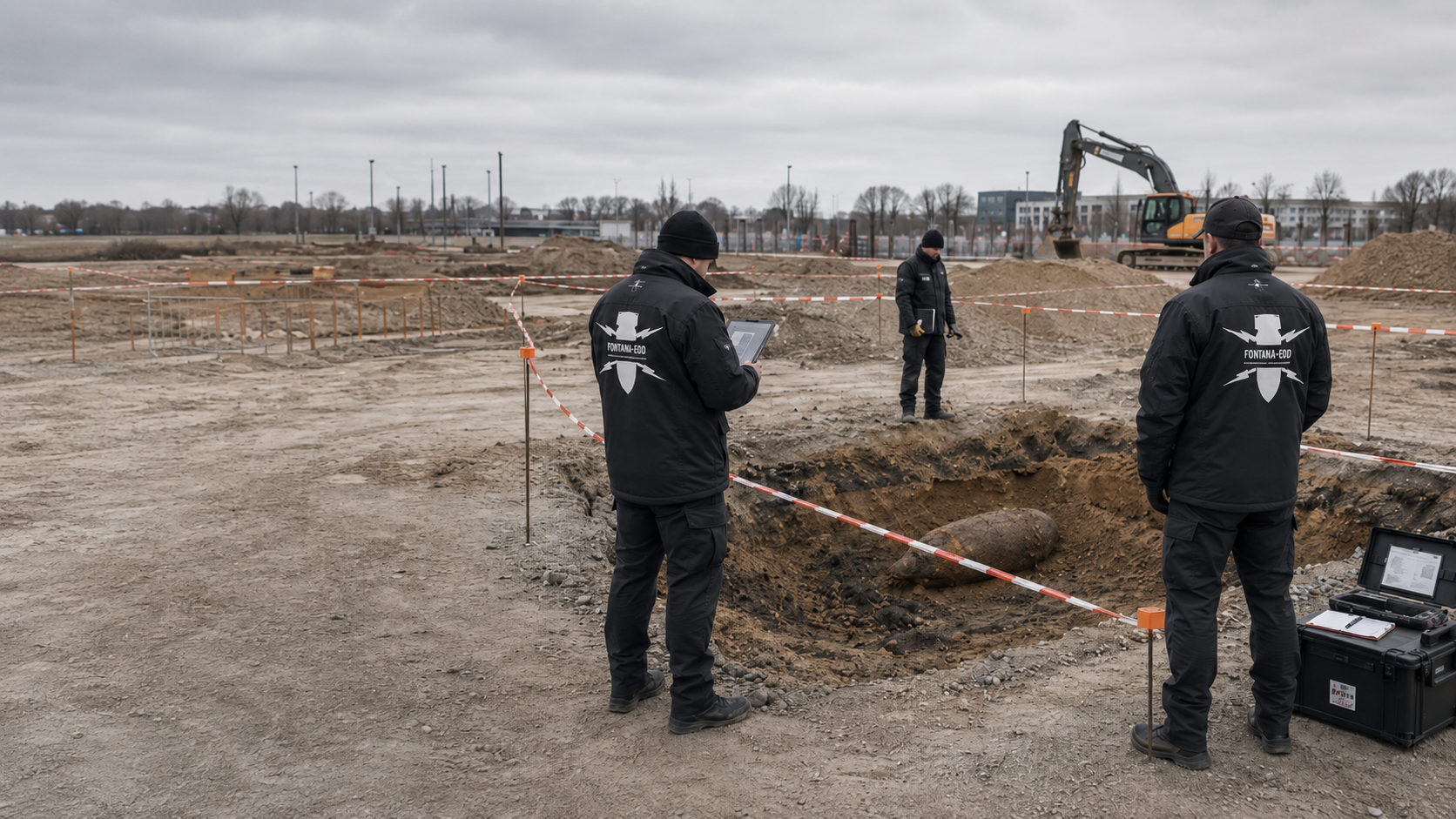 Drei Personen an einer abgesperrten Grube mit einem freigelegten länglichen Gegenstand.