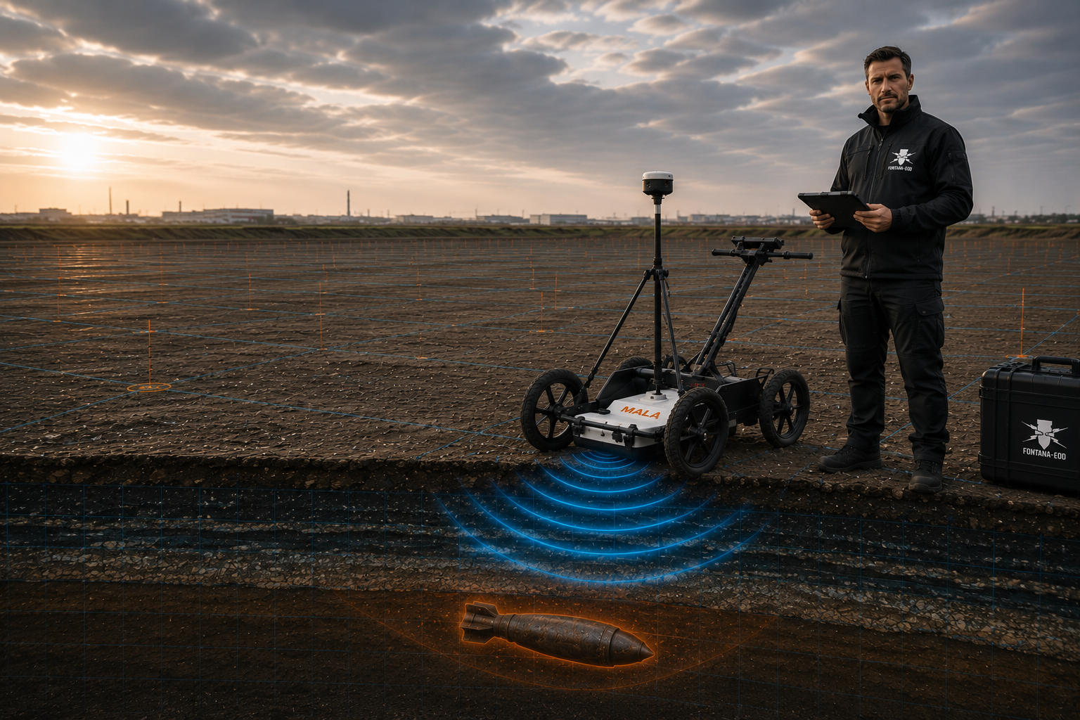 Messwagen und Person mit Tablet über einer schematischen Darstellung von Radarwellen im Boden.