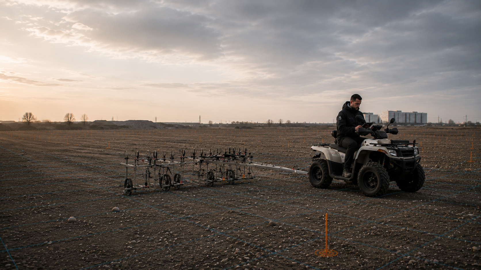 Person auf einem Quad mit angehängtem Messgestell auf einem offenen Baufeld.