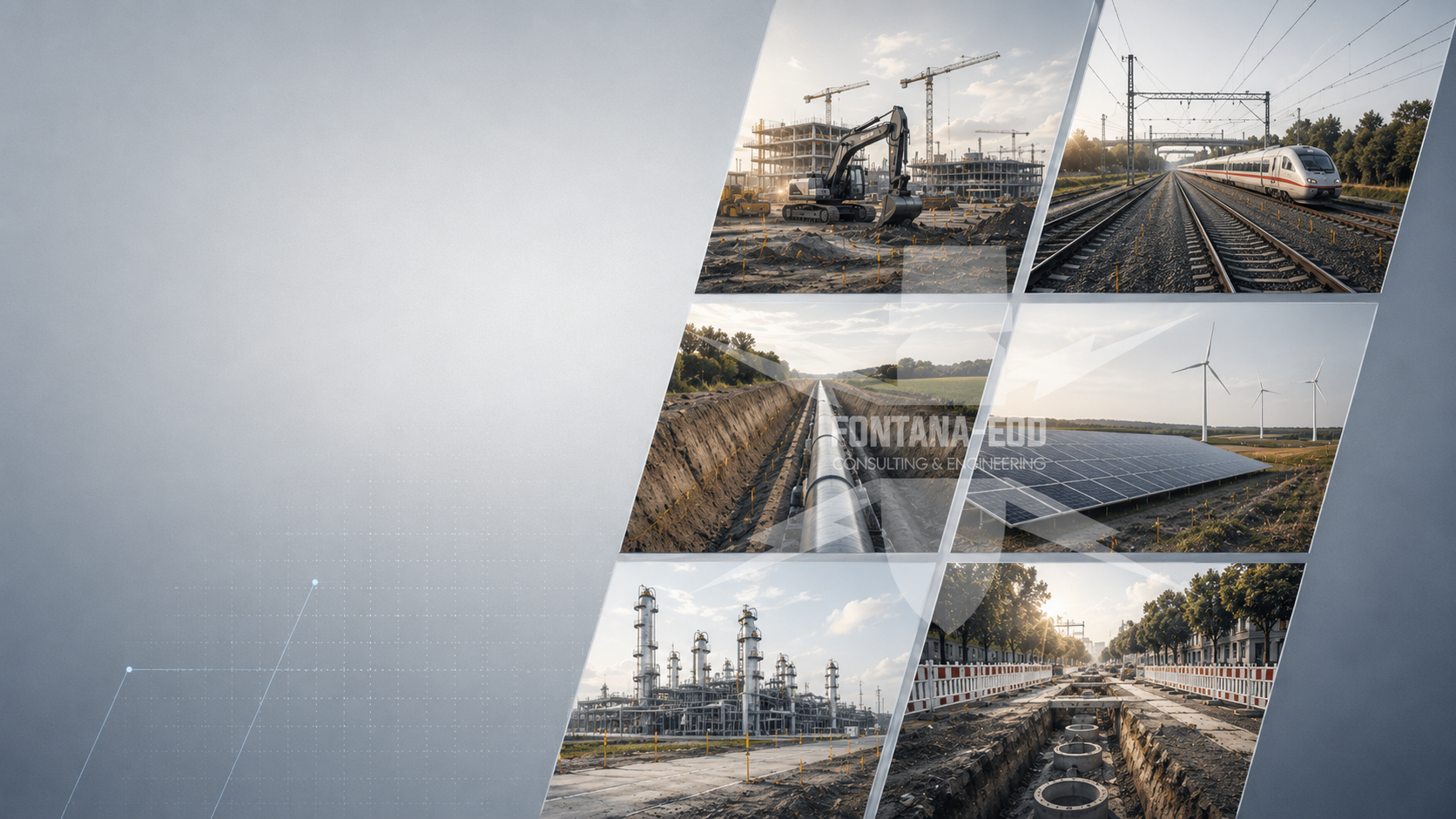 Bildmontage mit Hochbau, Bahnstrecke, Leitungsgraben, Energieanlagen, Industrie und Straßenbau.