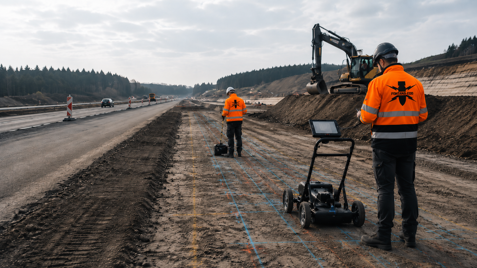 Zwei Personen mit Messwagen auf einer Straßenbaustelle neben einer bestehenden Fahrbahn.