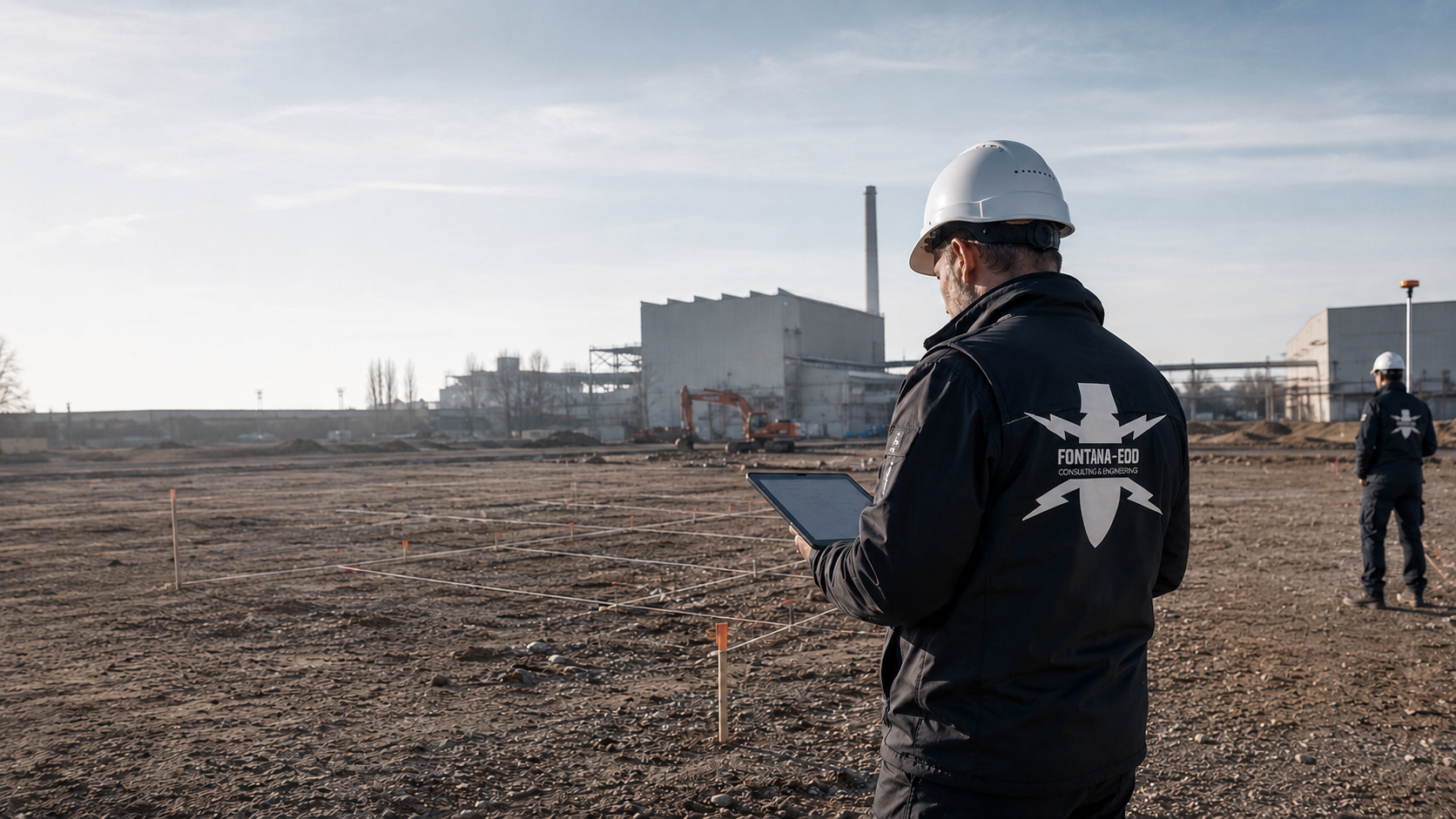 Person mit Tablet auf einer markierten Baufläche vor einem Industriegebäude.