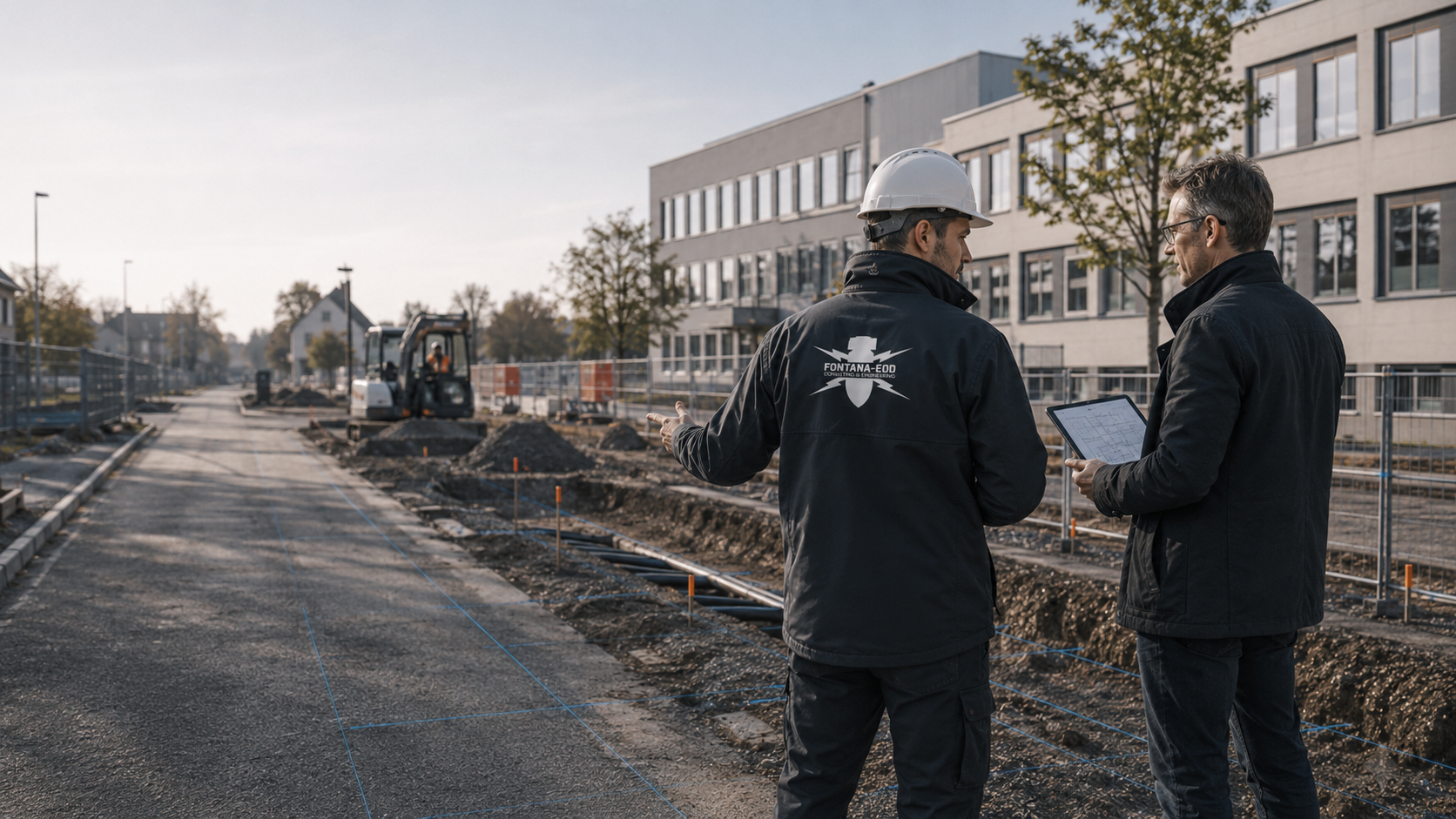 Zwei Personen besprechen sich neben einer abgesperrten Baustelle vor einem mehrgeschossigen Gebäude.