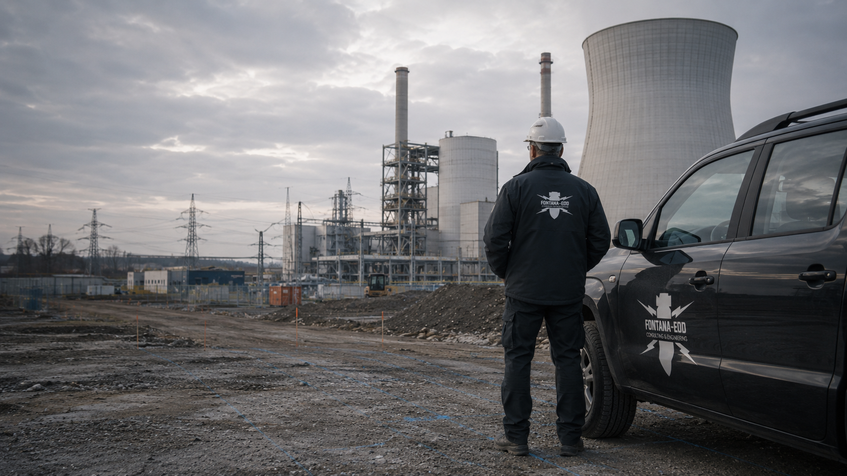 Person mit Schutzhelm neben einem Fahrzeug auf einem abgesteckten Baufeld vor Kühlturm und Industrieanlagen.