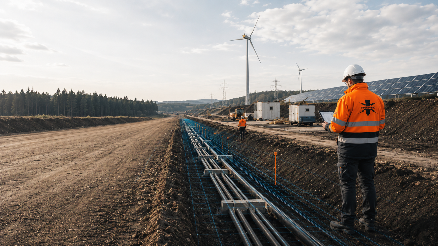 Person in Warnkleidung neben einem Leitungsgraben, im Hintergrund Solarmodule und Windräder.