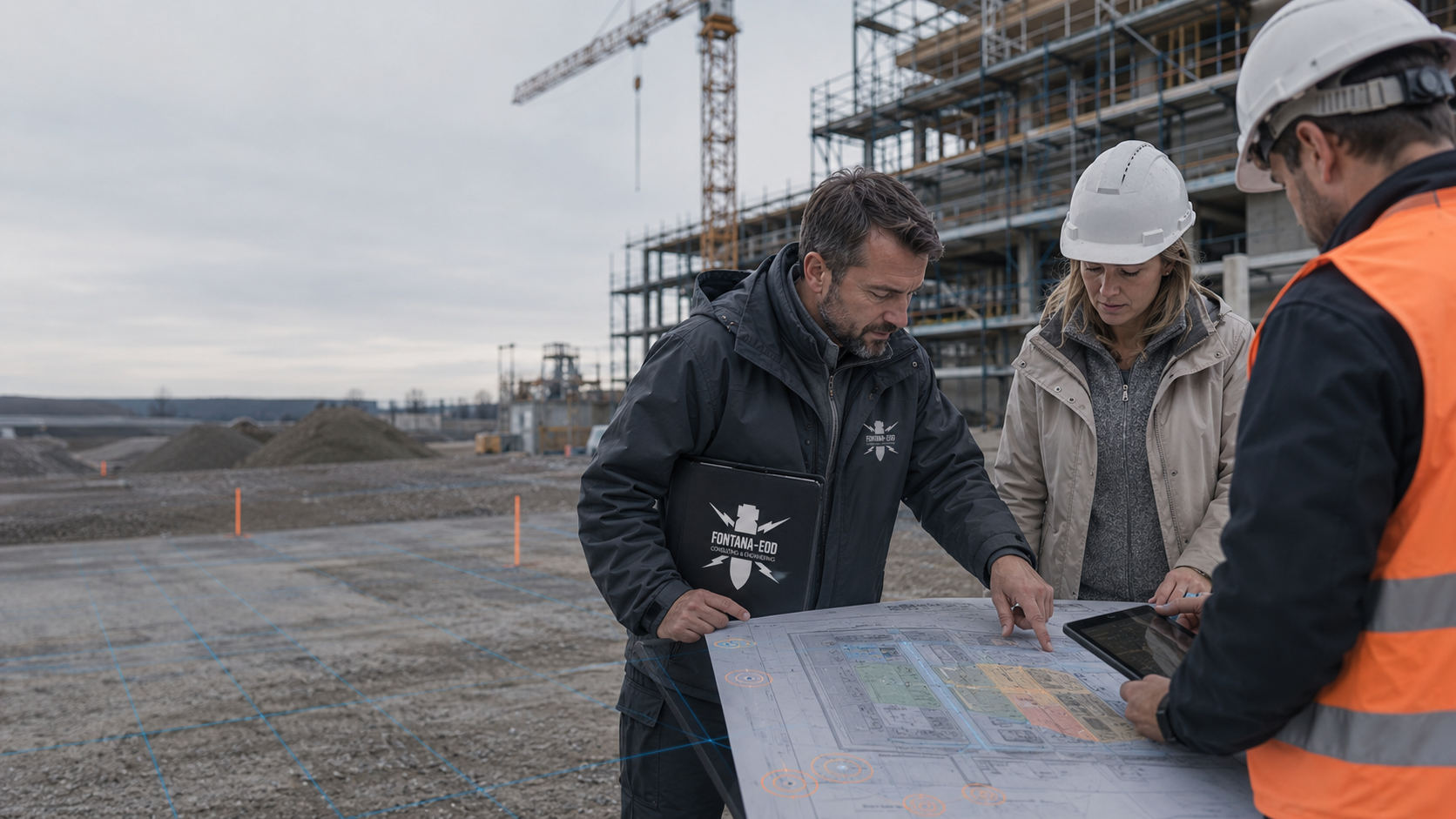 Drei Personen mit Plan und Tablet auf einem markierten Baufeld vor einem eingerüsteten Neubau.