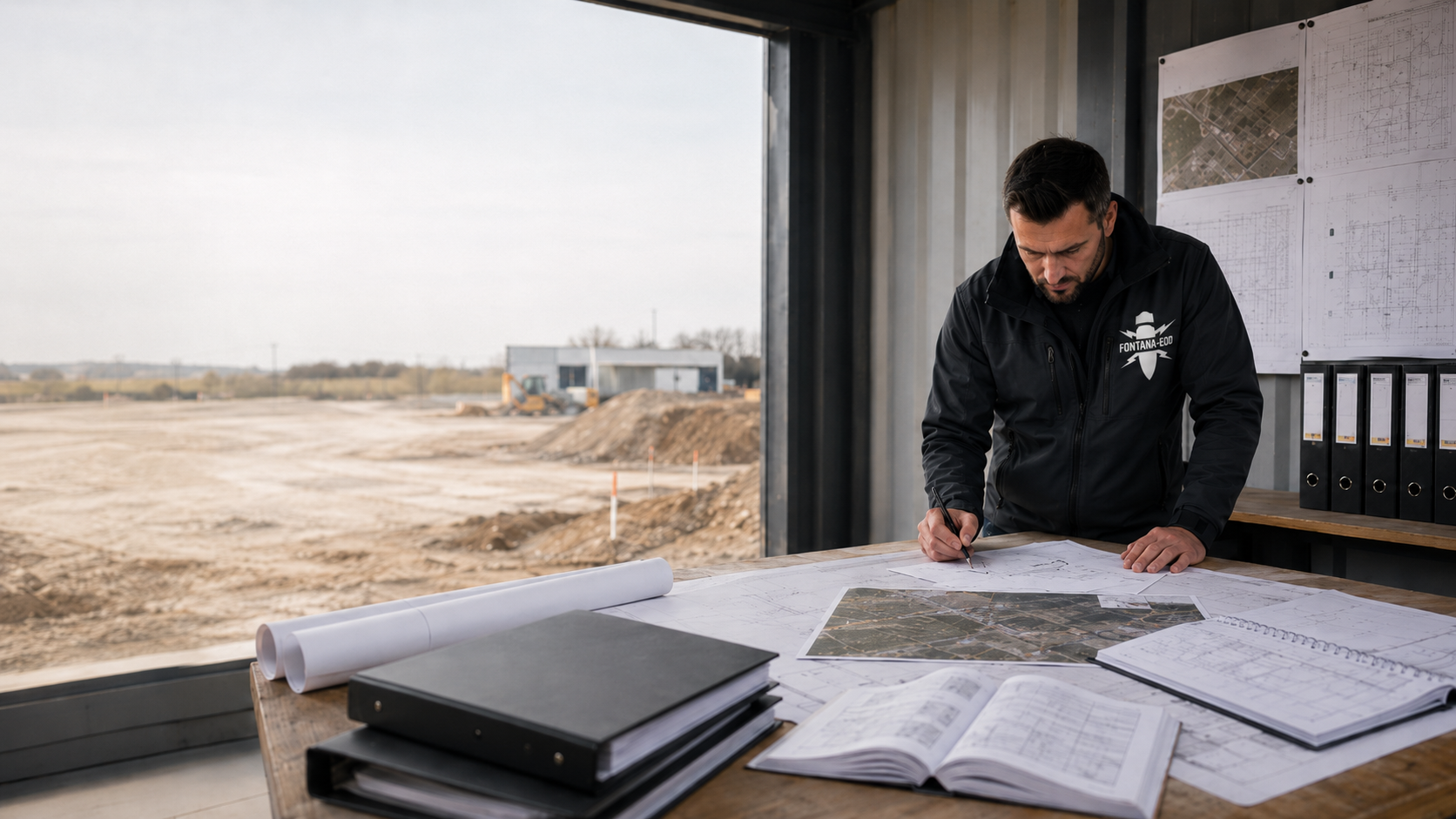 Person arbeitet an Plänen auf einem Tisch; daneben liegen Luftbilder und Ordner, durch das Fenster ist ein Baufeld sichtbar.